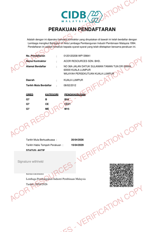 CIDB Malaysia Grade G7 contractor registration certificate for Acor Resources Sdn Bhd, valid to 15 April 2029